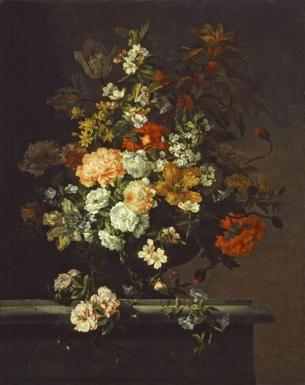 Image: 14. Jean¬Baptiste Monnoyer 1636-1699. 
Still life of mixed flowers in a vase on a ledge.  
Lent by the Syndics of the Fitzwilliam Museum, Cambridge